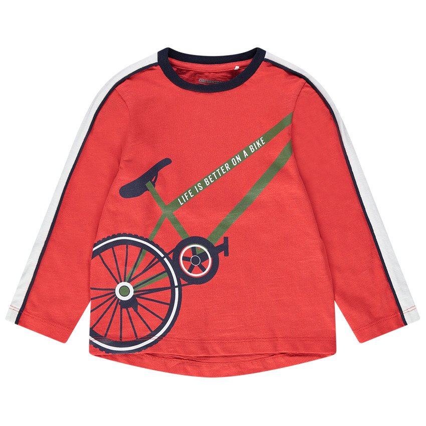 T-shirt met lange mouwen uit koraalrode jerseystof met print met fiets 