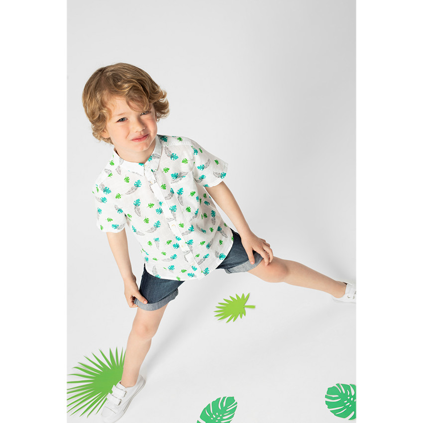 Chemise manches courtes en coton fantaisie avec feuilles imprimées 