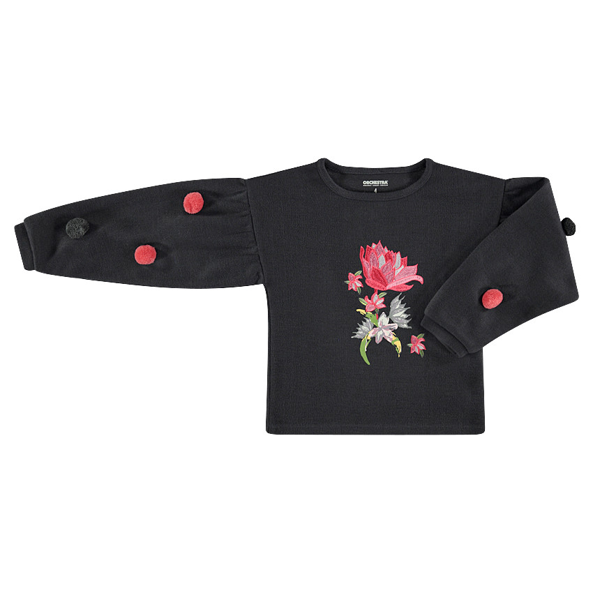 Sweat en molleton forme boîte avec pompons et fleurs brodées 