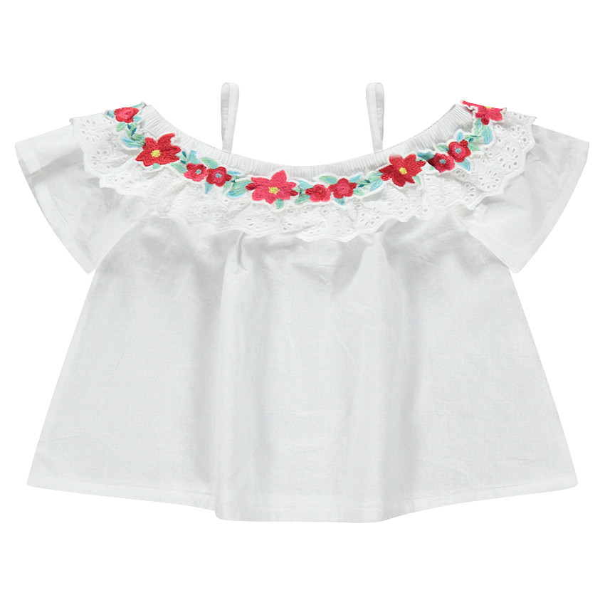 Top volanté à épaules ajourées avec fleurs brodées 