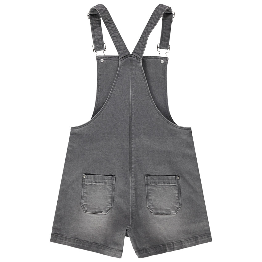 Junior - Robe salopette en jean effet used à badges et bandes argentées 