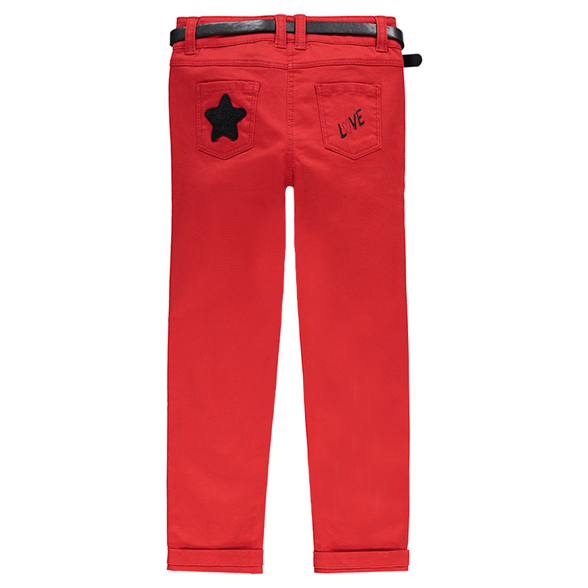 Pantalon slim en satin de coton uni avec ceinture amovible effet cuir 