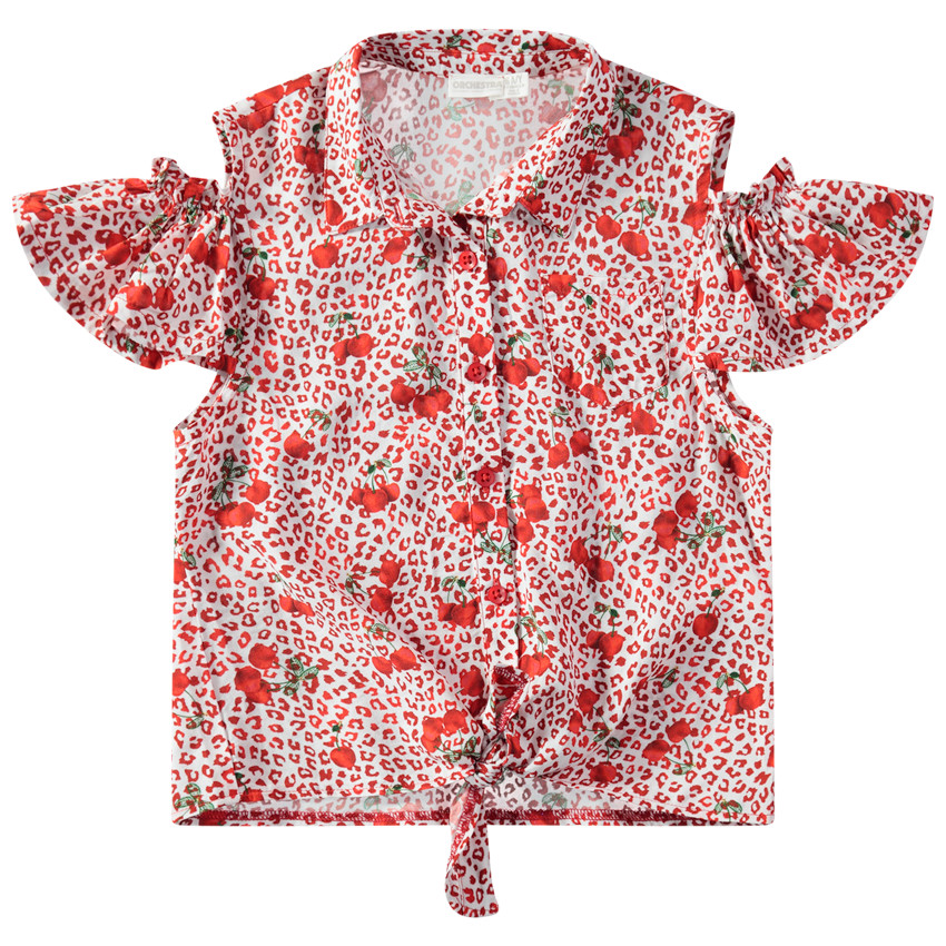Chemisier à épaules ajourées imprimé léopard et cerises all-over 