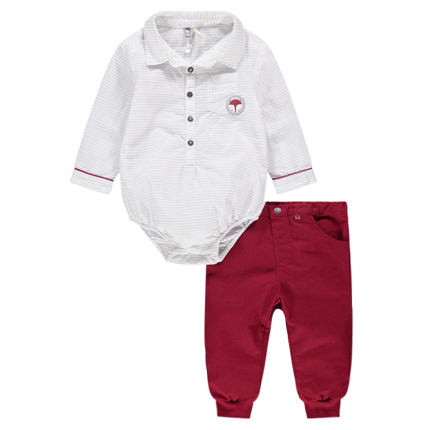 Body manches longues style chemise avec pantalon en twill rouge 