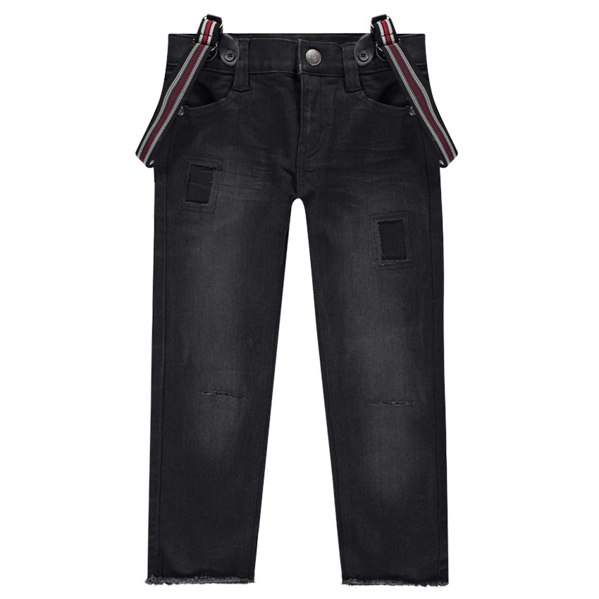 Jeans effet used avec bretelles rayées amovibles 