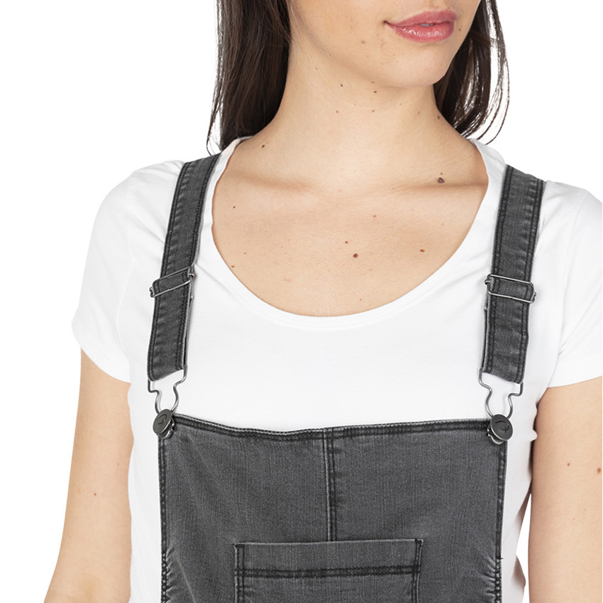 Salopette courte de grossesse en jeans effet used avec élastiques côtés 