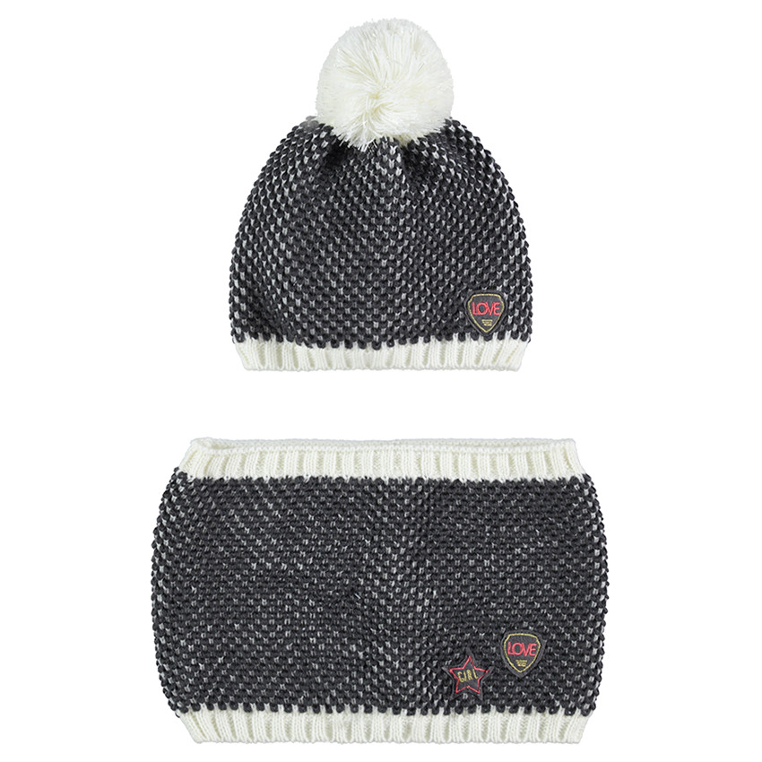 Junior - Ensemble bonnet et écharpe en tricot twisté avec badges 