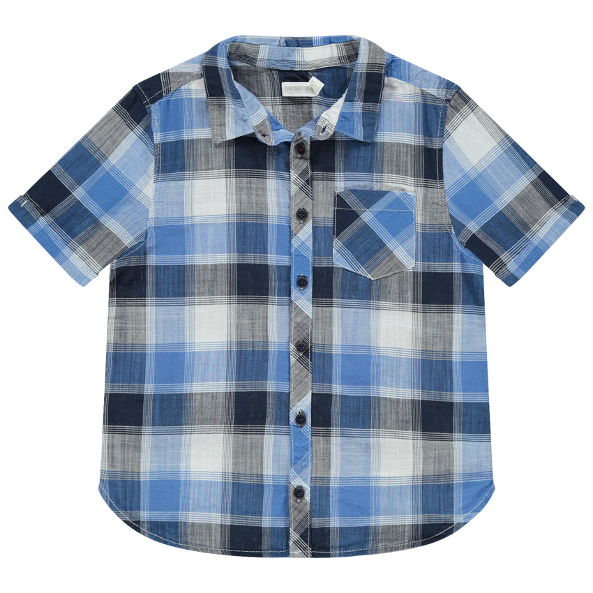 Chemise manches courtes à carreaux contrastés avec poche 