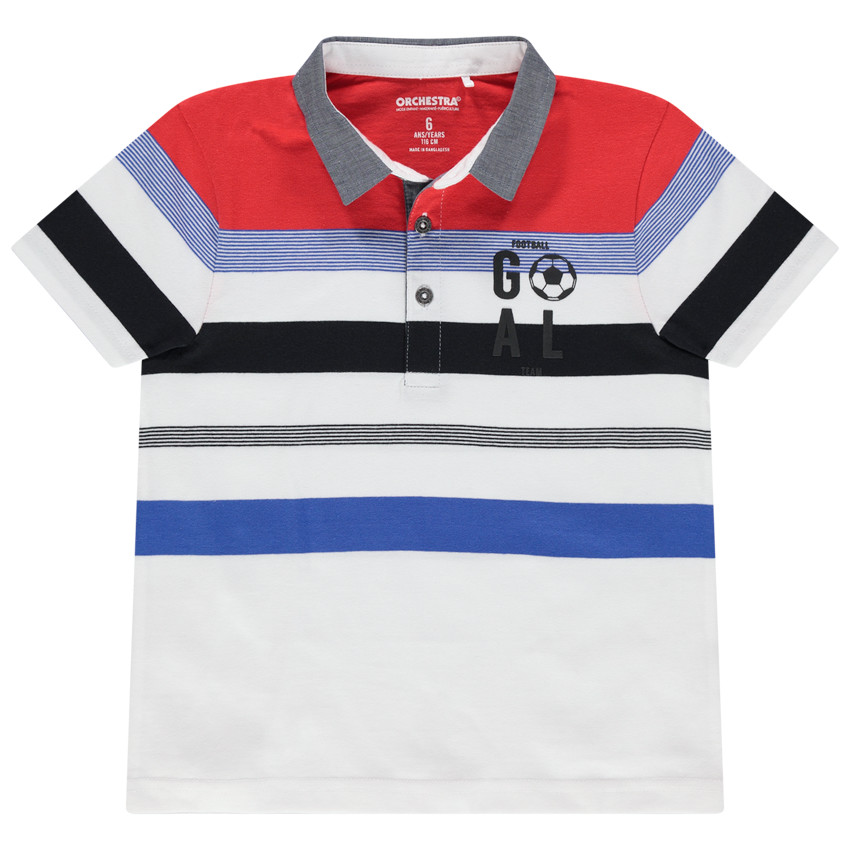 Polo manches courtes à rayures contrastées et col en chambray 