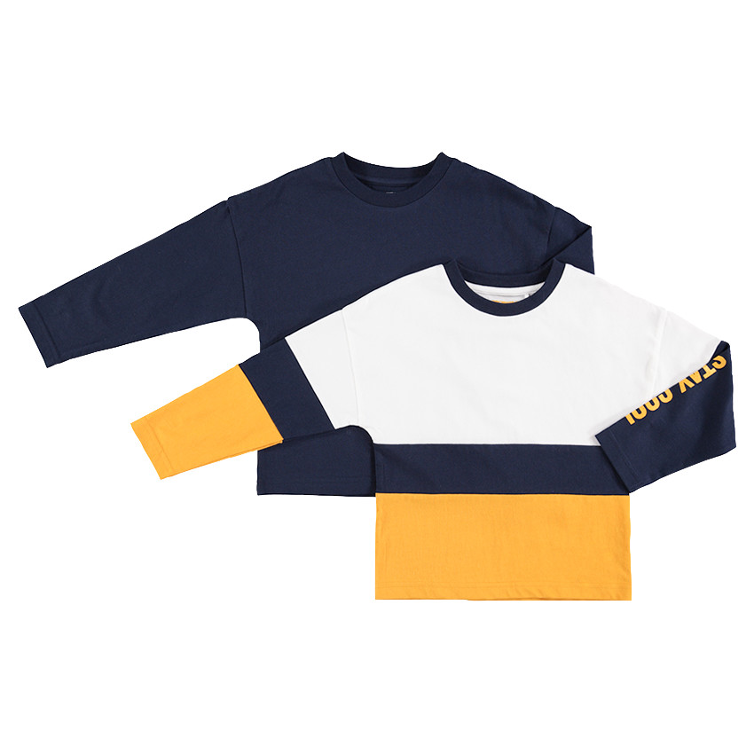 Set met 2 T-shirts met lange mouwen effen / met contrasterende banden 