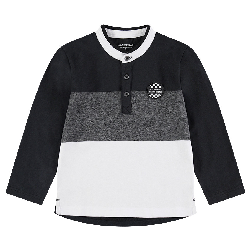 Polo manches longues tricolore avec col mao et badge 