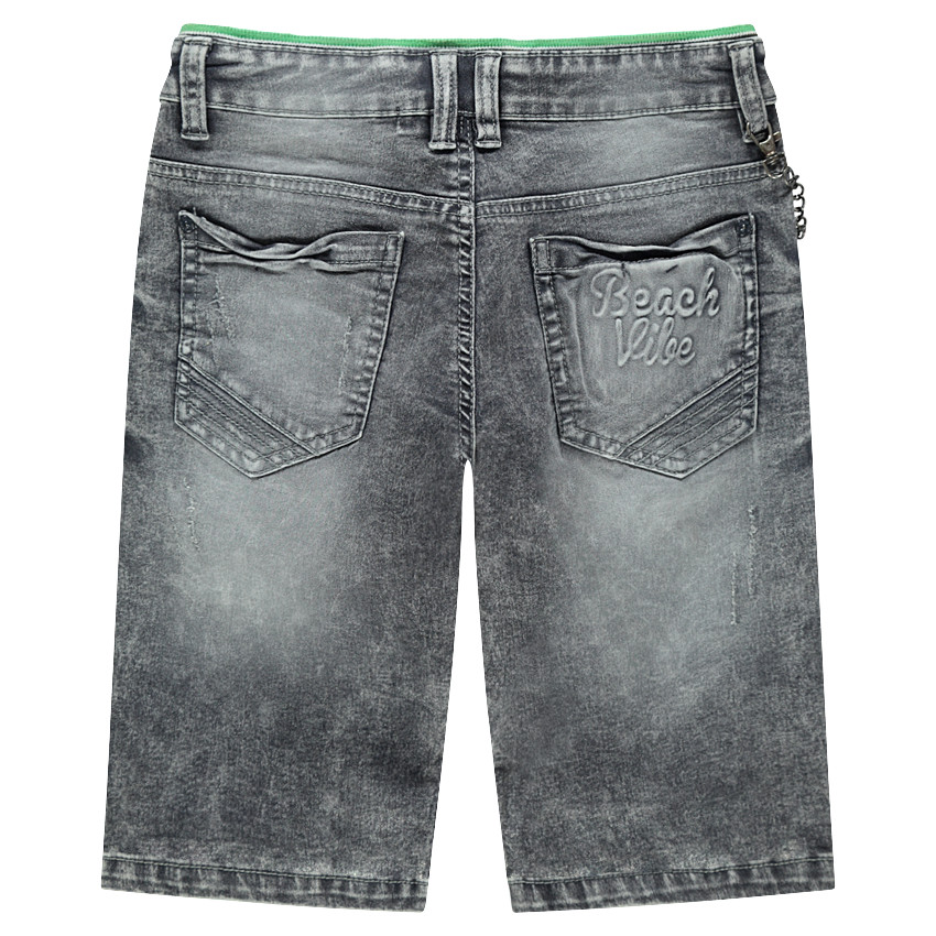 Junior - Bermuda en jeans gris effet used avec chaînette amovible 