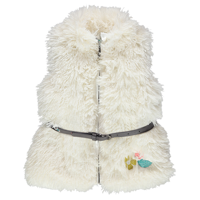 Gilet sans manches en fausse fourure avec ceinture amovible et broderies 