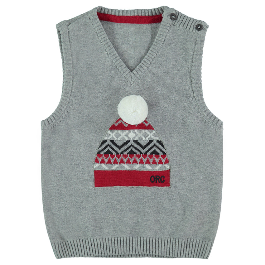 Pull sans manches en tricot avec bonnet en jacquard et pompon 