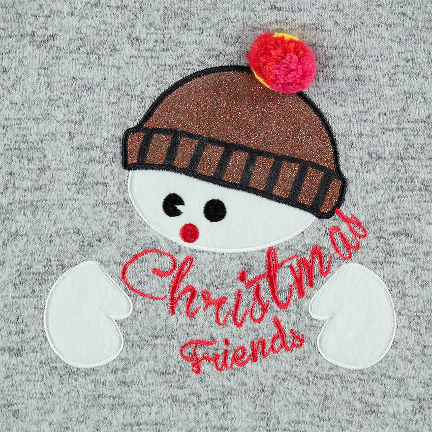 Tee-shirt manches longues chiné esprit Noël avec bonhomme de neige brodé 