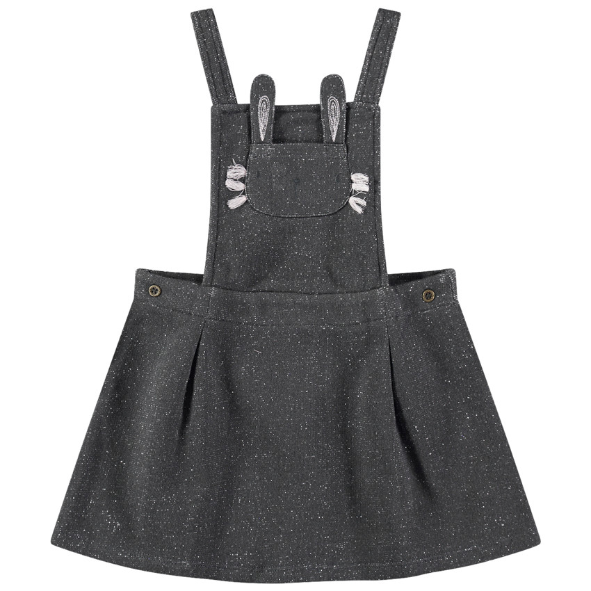 Robe salopette en maille mélangée de fil argenté et poche forme lapin 