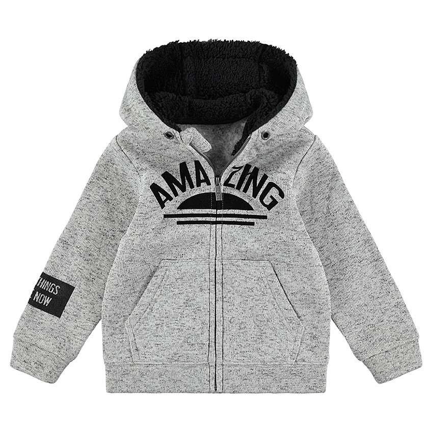 Veste en molleton chiné avec capuche doublée sherpa et textes printés 