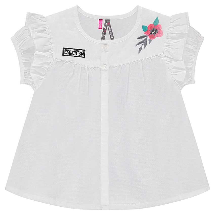 Chemisier manches courtes en coton avec fleur brodée et volants 