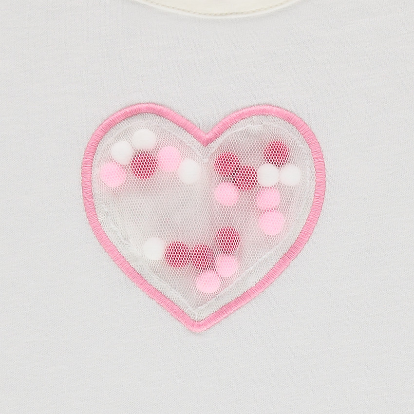 Tee-shirt manches longues volanté avec pompons sous empiècement en résille 