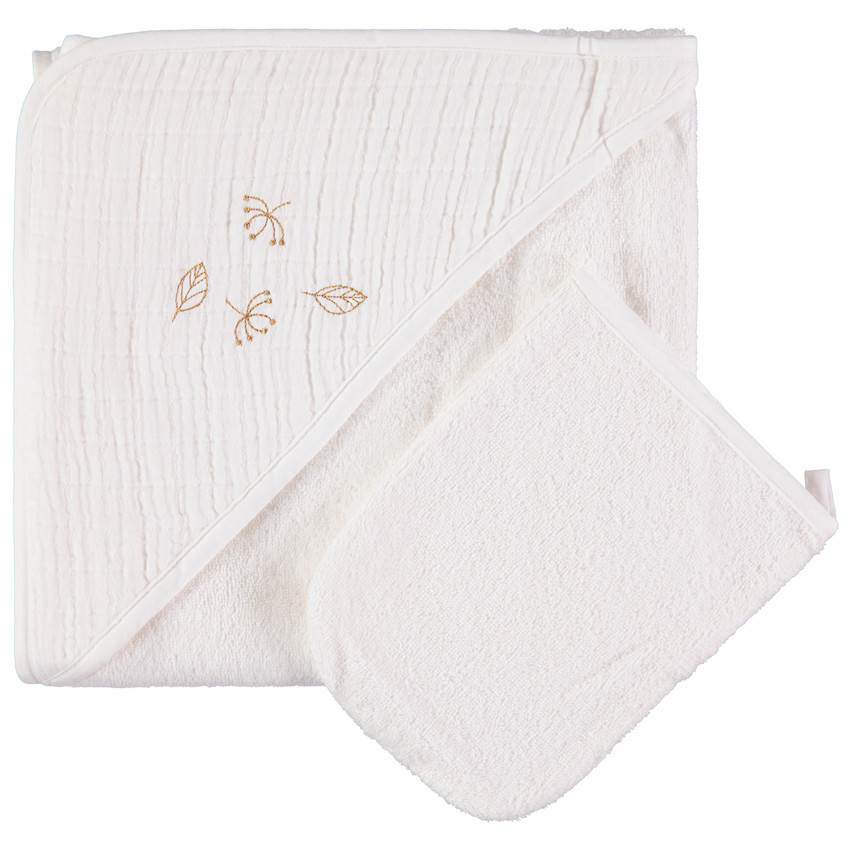 Set de bain en éponge et tétra à feuilles brodées 