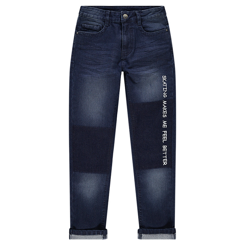Junior - Jeans effet used et crinkle avec inscription printée 
