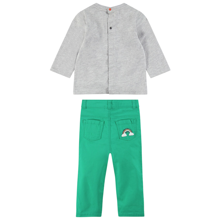 Ensemble tee-shirt manches longues avec arc-en-ciel brodé et pantalon vert 