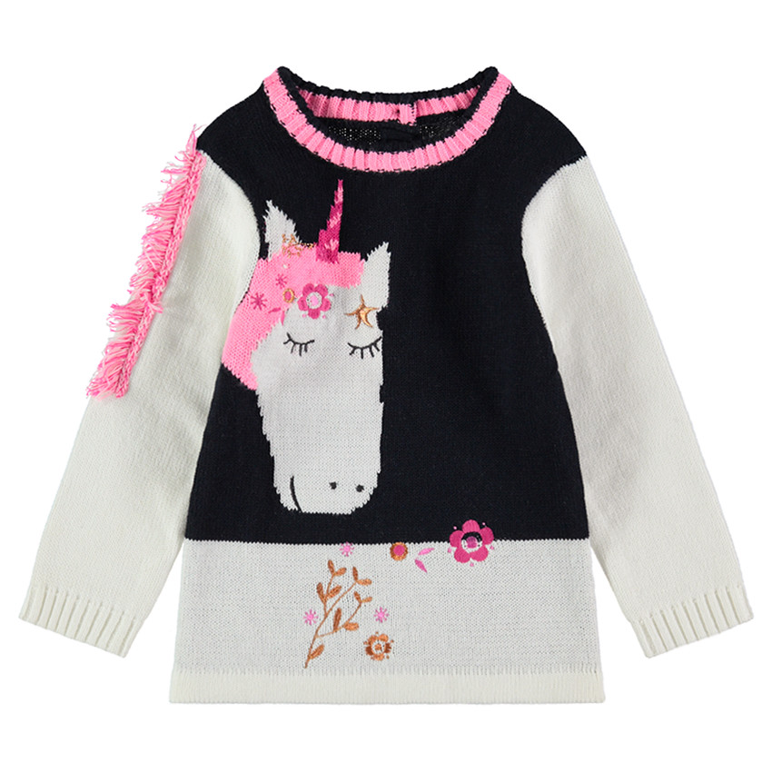 Tricottrui met eenhoorn van jacquard en met manen met franjes 
