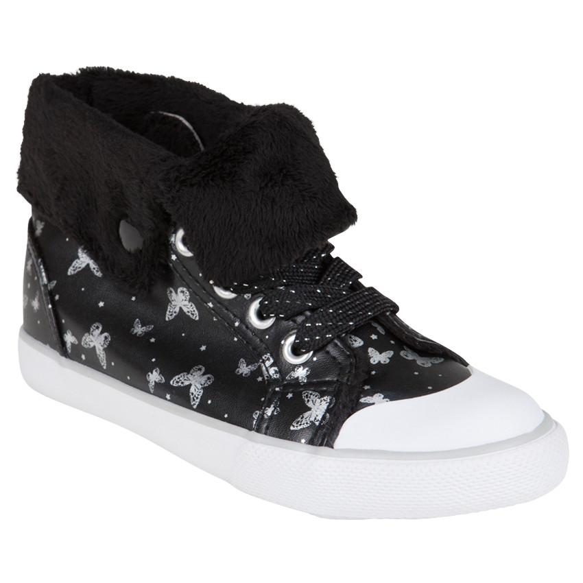 Baskets montantes noires imprimées papillons avec revers en sherpa 
