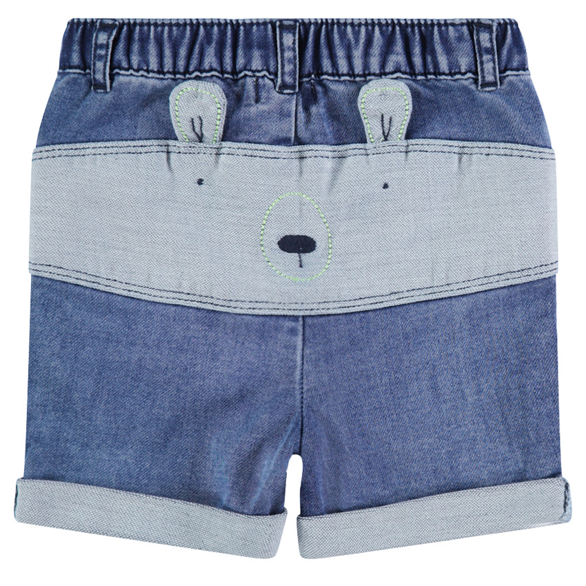 Bermuda en denim like effet used avec ourson patché au dos 