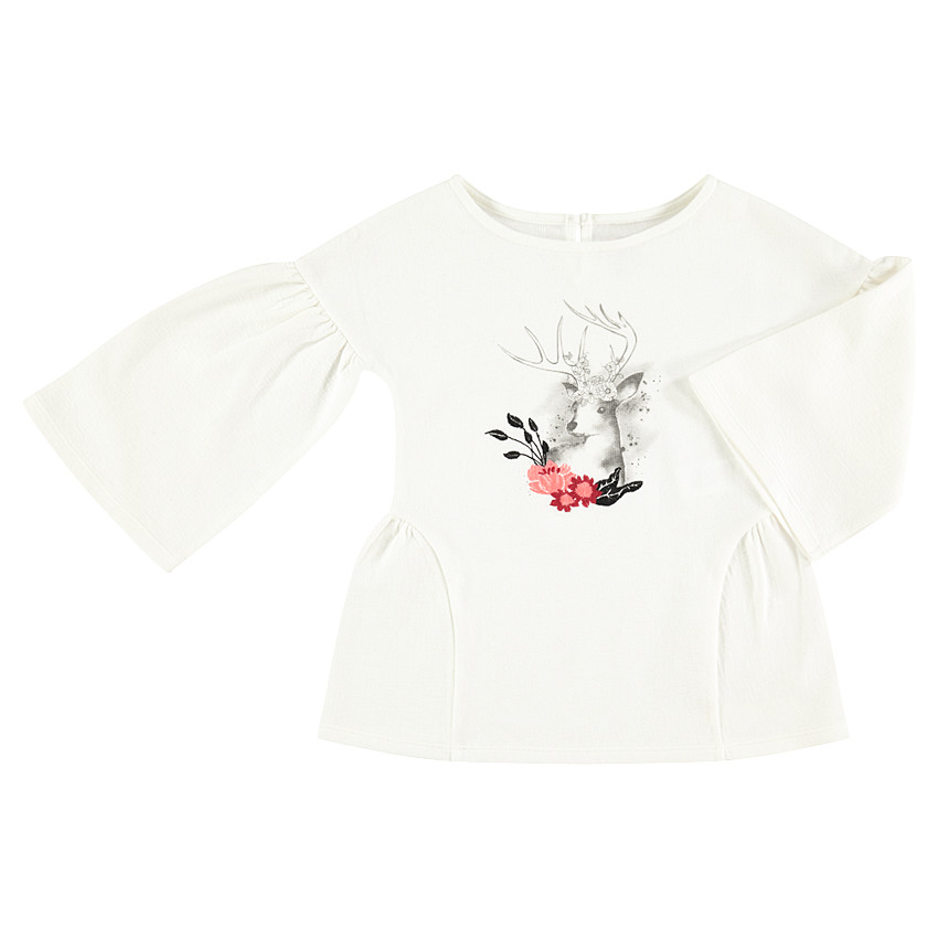 Tunique volantée en maille avec cerf printé et fleurs brodées 