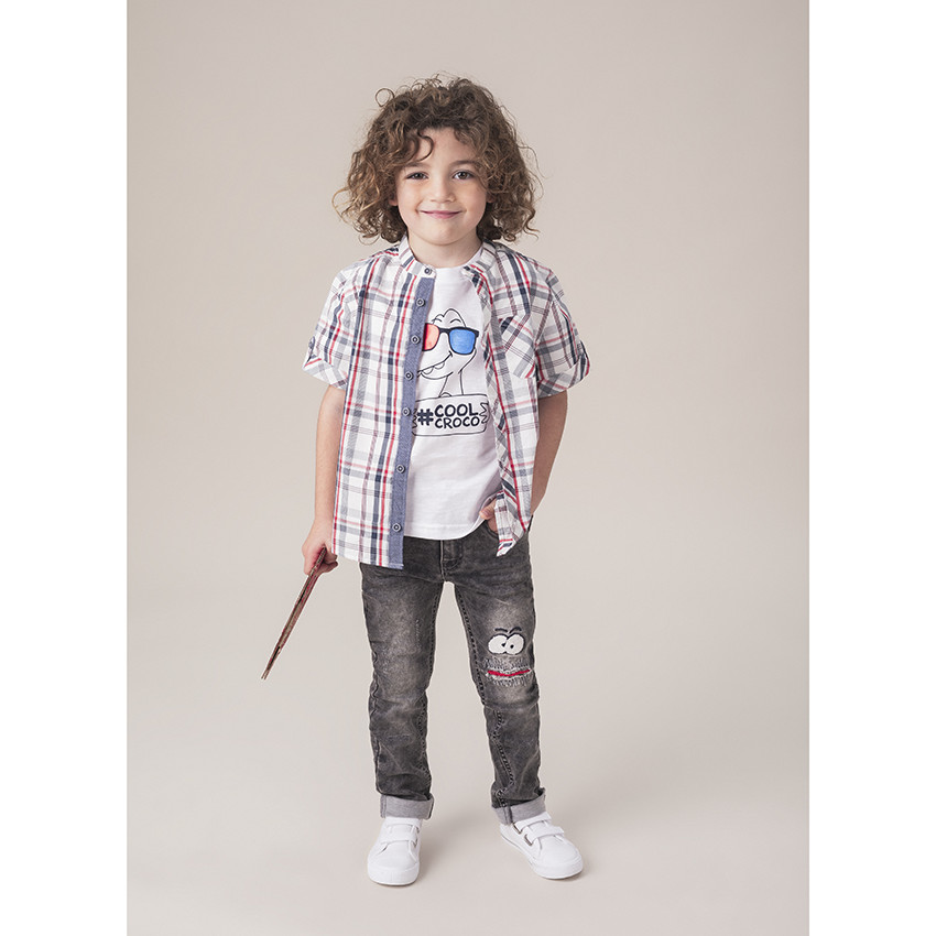 Jean souple effet used avec ceinture ajustable rayée 