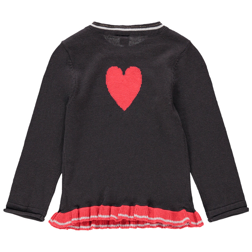 Pull en tricot avec oiseau en jacquard et volant rouge 