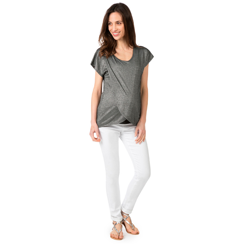 Tee-shirt manches courtes en maille fantaisie mélangée de lurex 