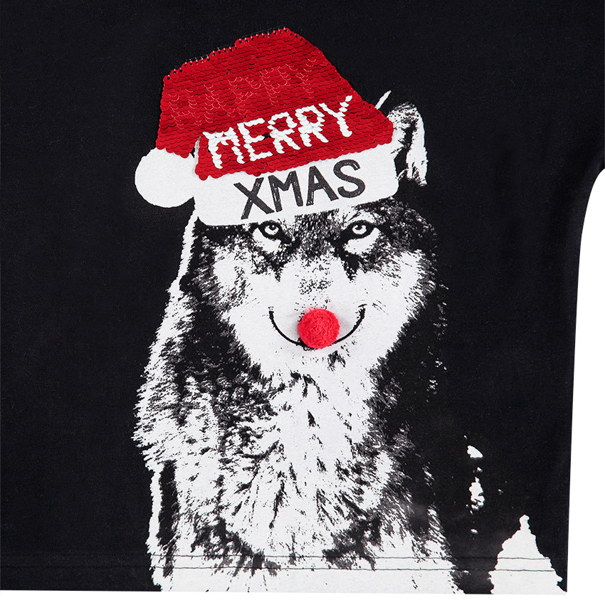 Tee-shirt manches longues effet 2 en 1 avec loup de Noel printé devant 