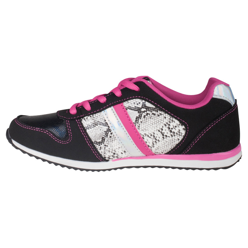 Baskets basses coloris noir et fushia détail effet serpent 