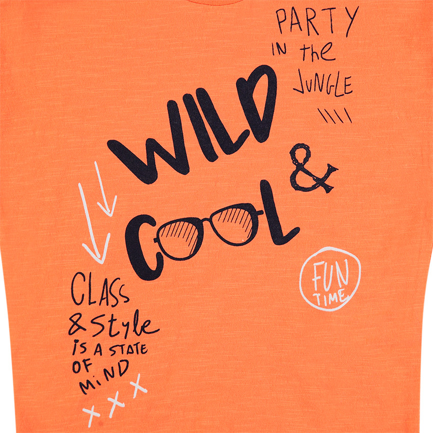 Tee-shirt manches courtes orange avec inscriptions printées 