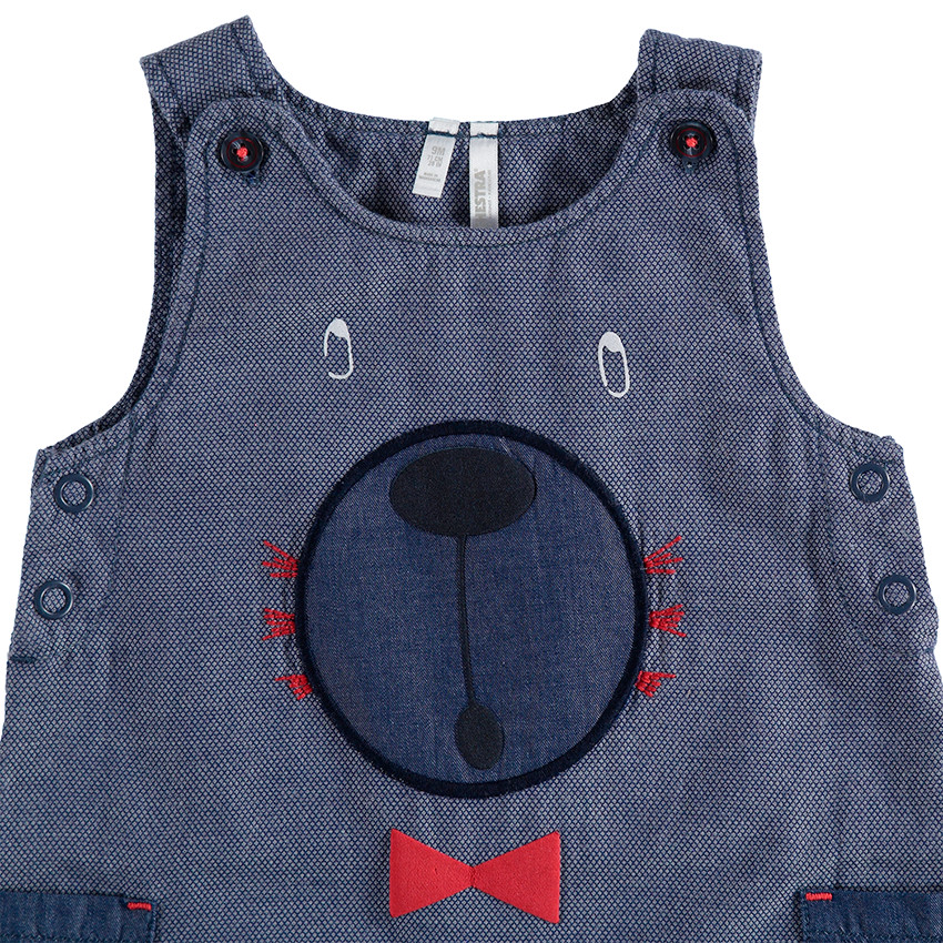 Combinaison courte avec ourson brodé et poches en chambray 