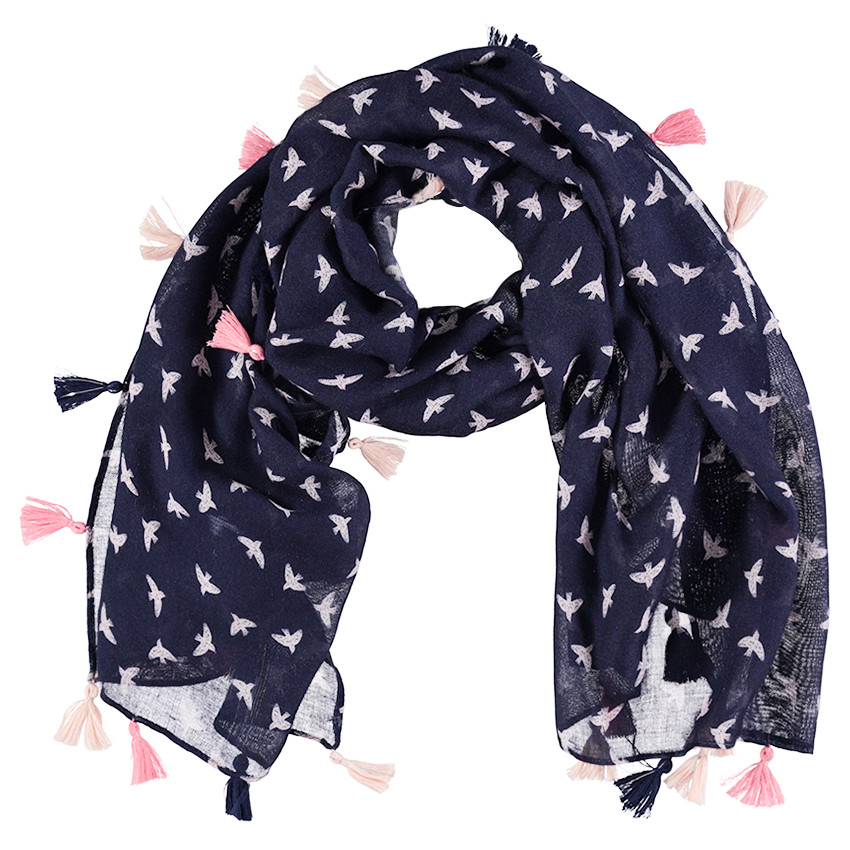 Chèche en voile de viscose avec oiseaux contrastés et pompons 