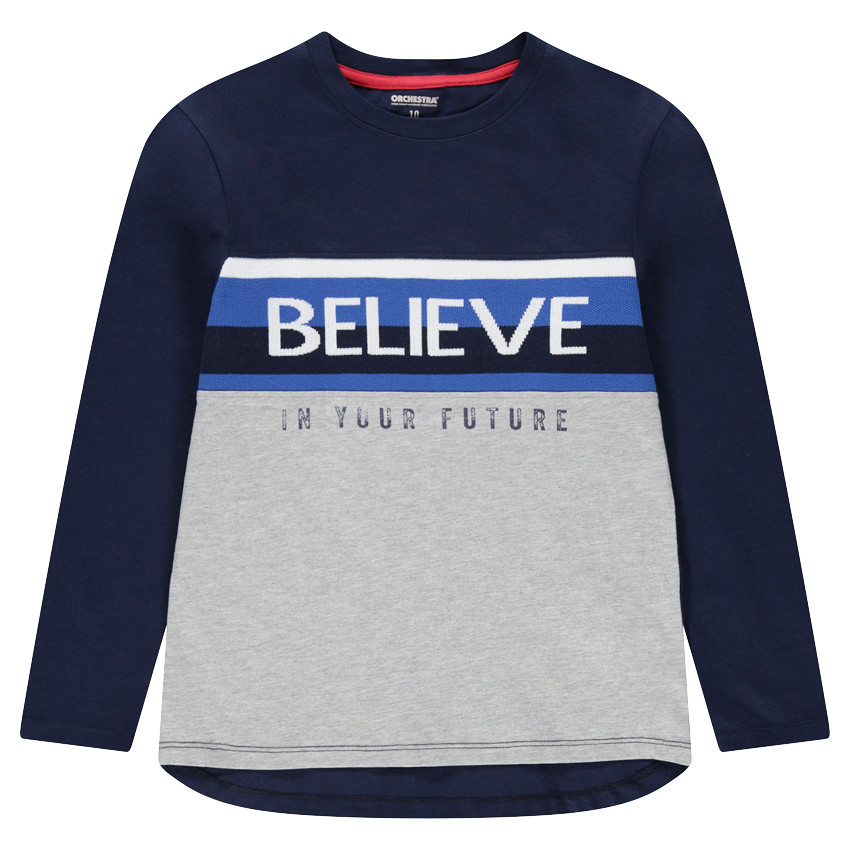 Junior - Tee-shirt manches longues en jersey avec inscription en jacquard sur le devant 