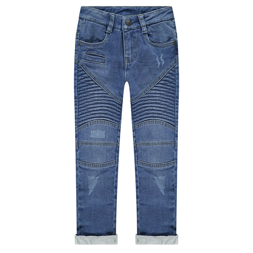 Jeans effet used et crinkle doublé jersey avec jeux de découpes 