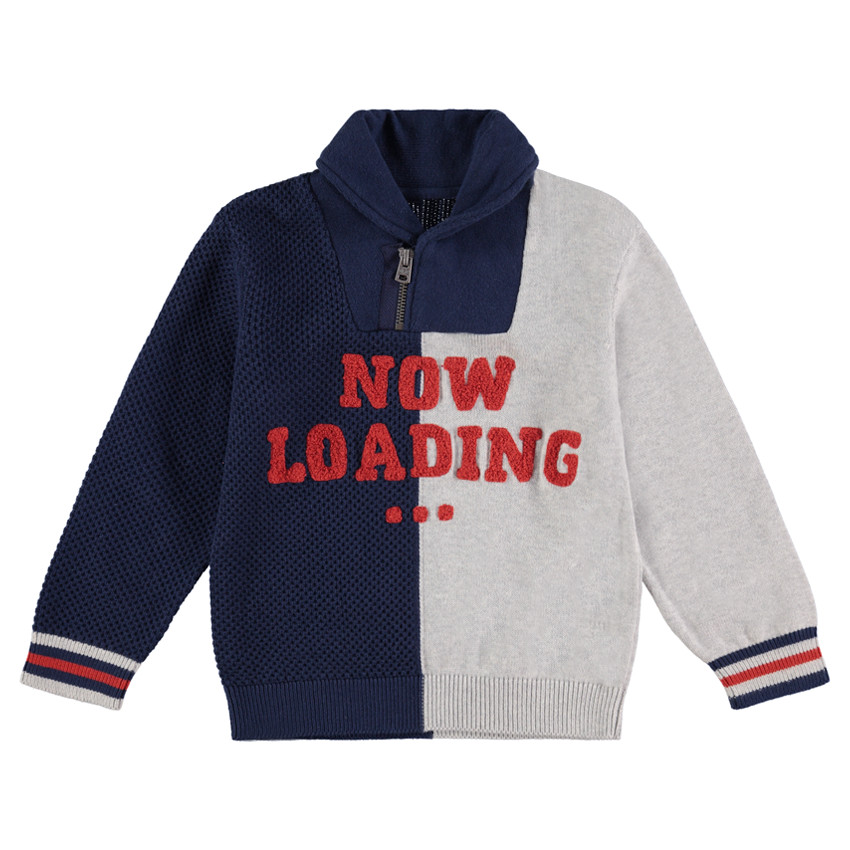 Pull en tricot bicolore avec col zippé et inscription en bouclette 