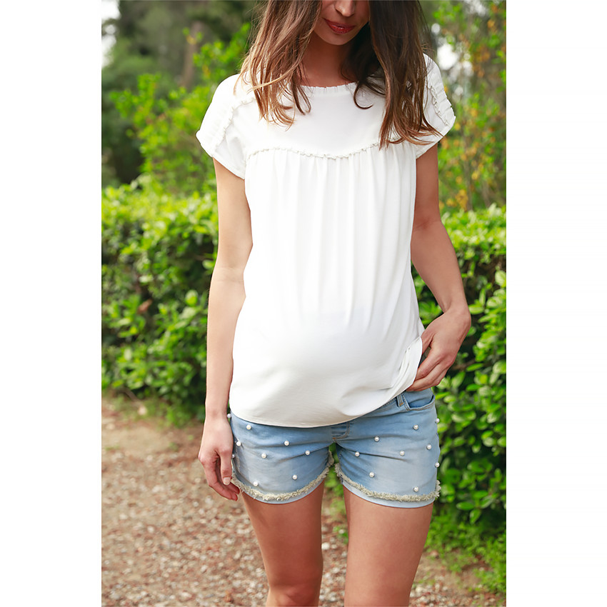 Tee-shirt manches courtes de grossesse avec fronces et jeu de plis 