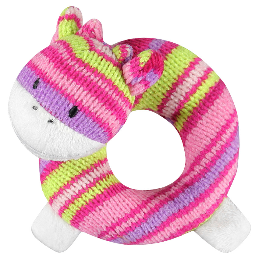 Doudou hochet forme vache en tricot rayé 