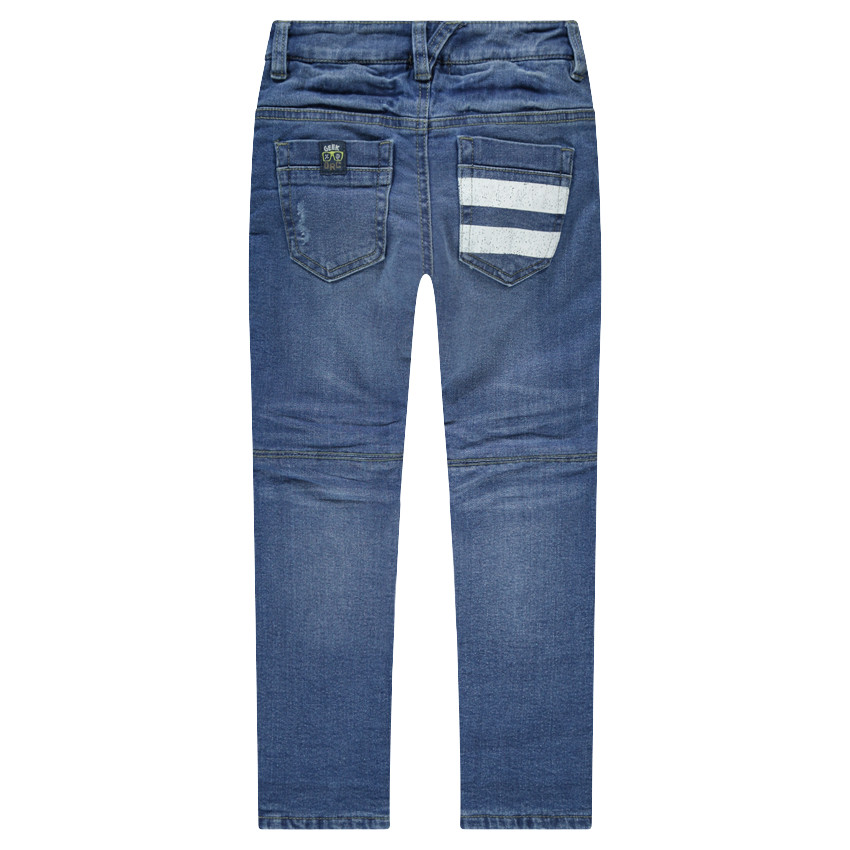 Jeans effet used et crinkle doublé jersey avec jeux de découpes 