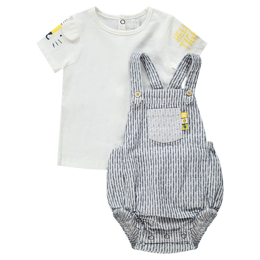 Ensemble t-shirt manches courtes avec tigre printé et barboteuse rayée 