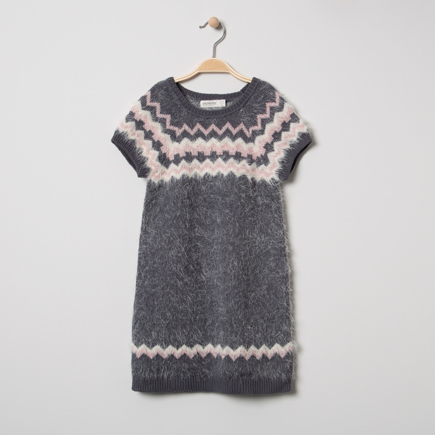 Robe manches courtes en tricot effet poil à motif graphique jacquard 