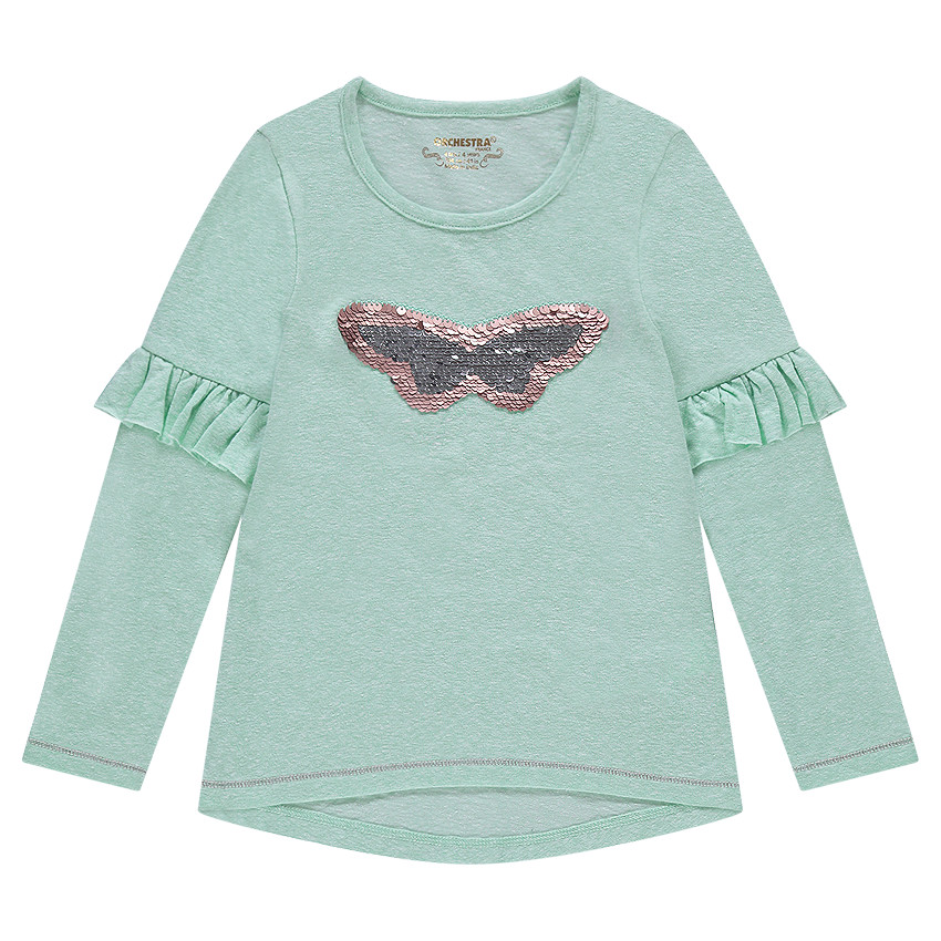 Tee-shirt manches longues en jersey chiné avec papillon en sequins magiques et volants 