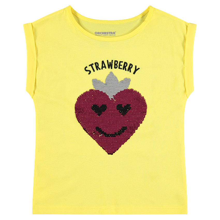 Tee-shirt manches courtes jaune avec fraise en sequins magiques 