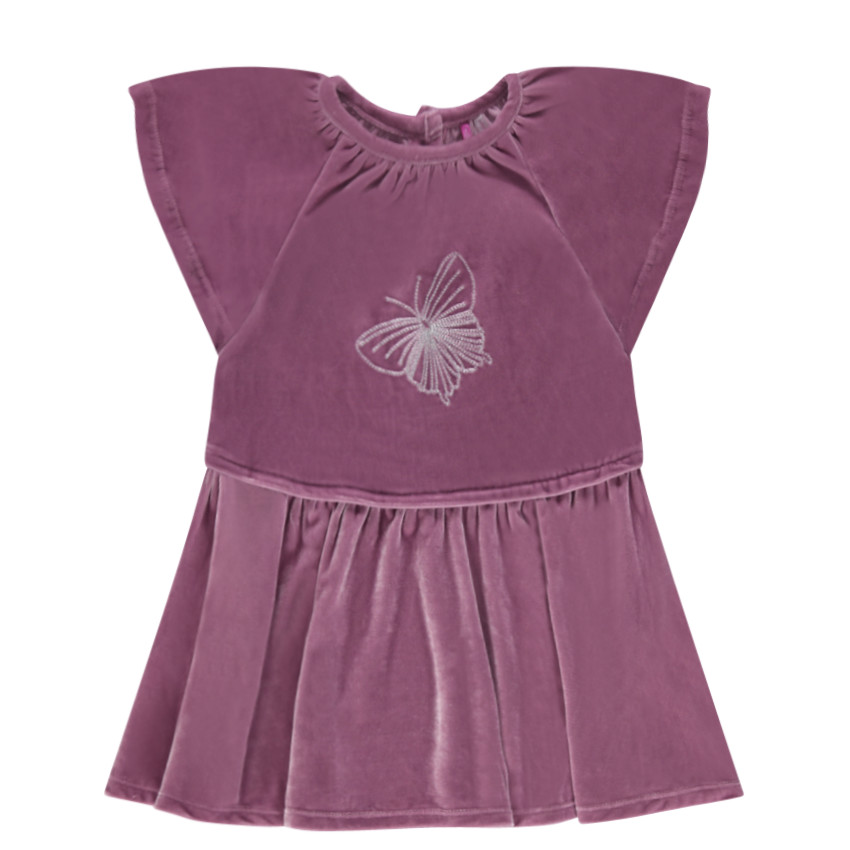 Robe manches courtes en panne de velours avec papillon brodé 