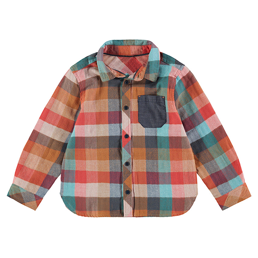 Chemise manches longues à carreaux avec poche en chambray 